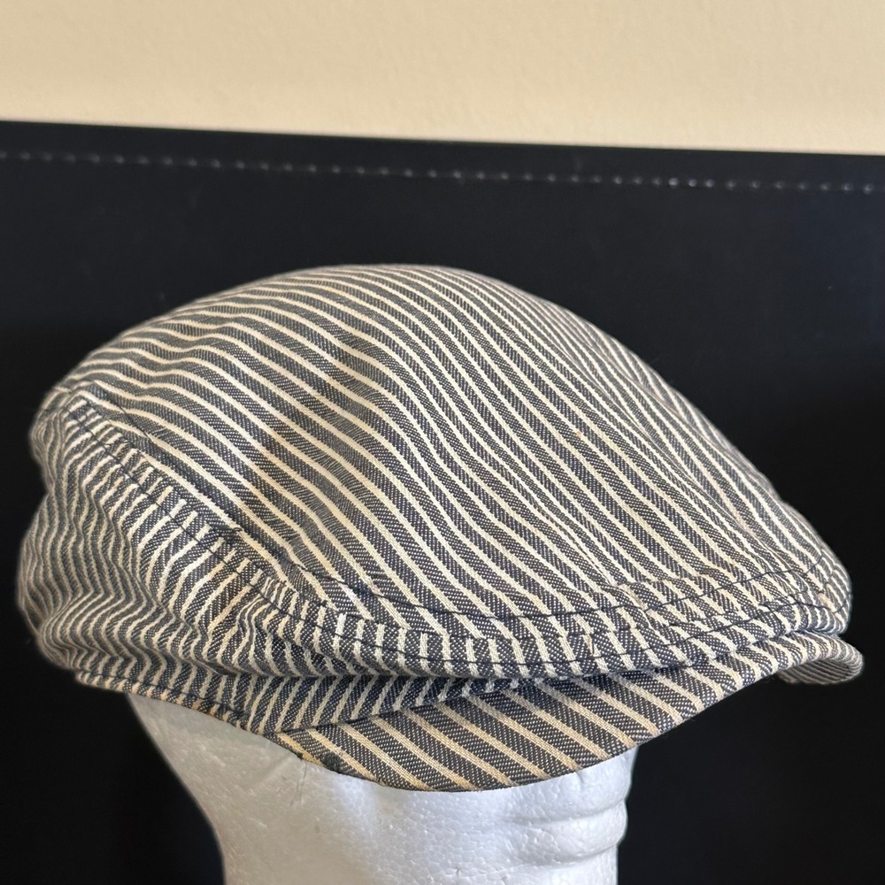 HM Mens Hickory Stripe Flat Cap Blue White Cotton Newsboy Hat Size M